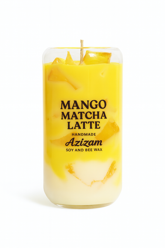 Azizam Mango Matcha Latte Duftkerze – Aloha Mango im 500 ml Glas, Handmade aus Soja- & Bienenwachs
