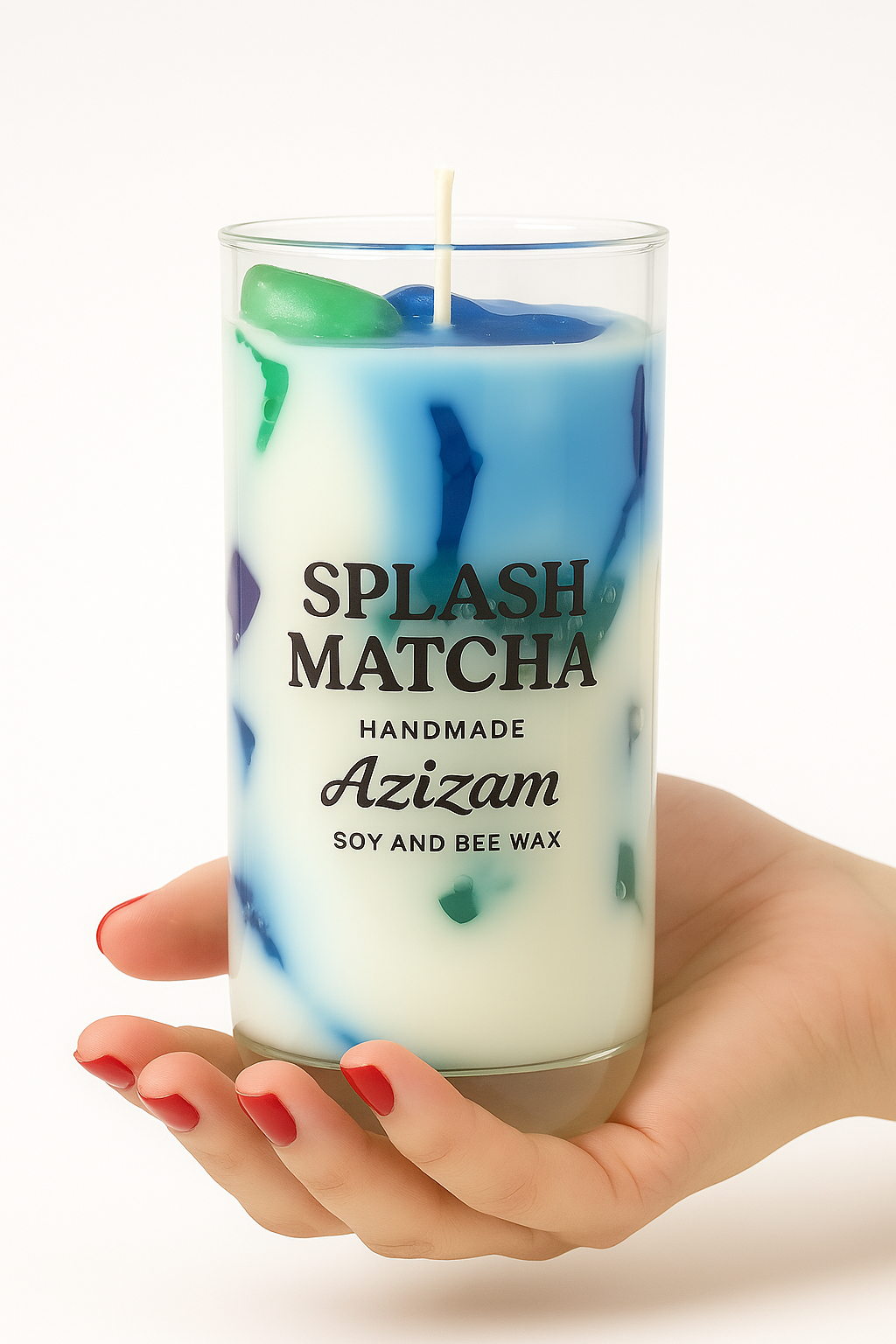 Splash Matcha – Matcha Latte Kerze in Blau & Grün | Handmade by Azizam